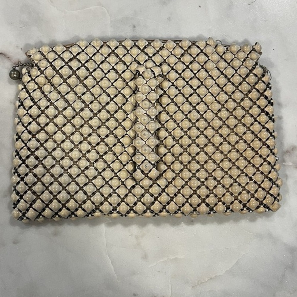 VTG 1950s Lattice Beaded Clutch‎ Purse Ivory Plastic Beads Japan Satin Lining
